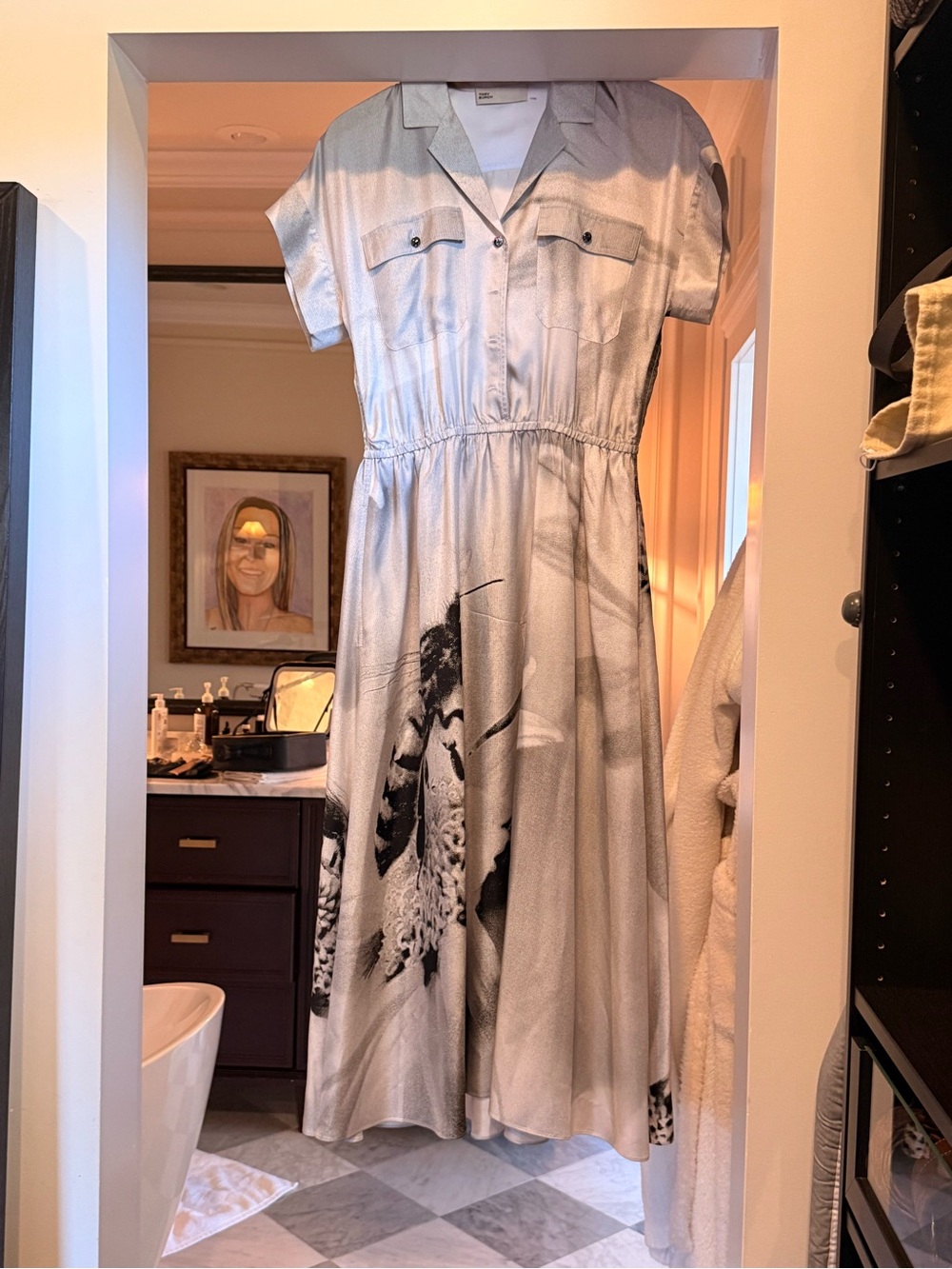 Tory Burch Cream Midi Shirt Dress with Black Botanical Motif